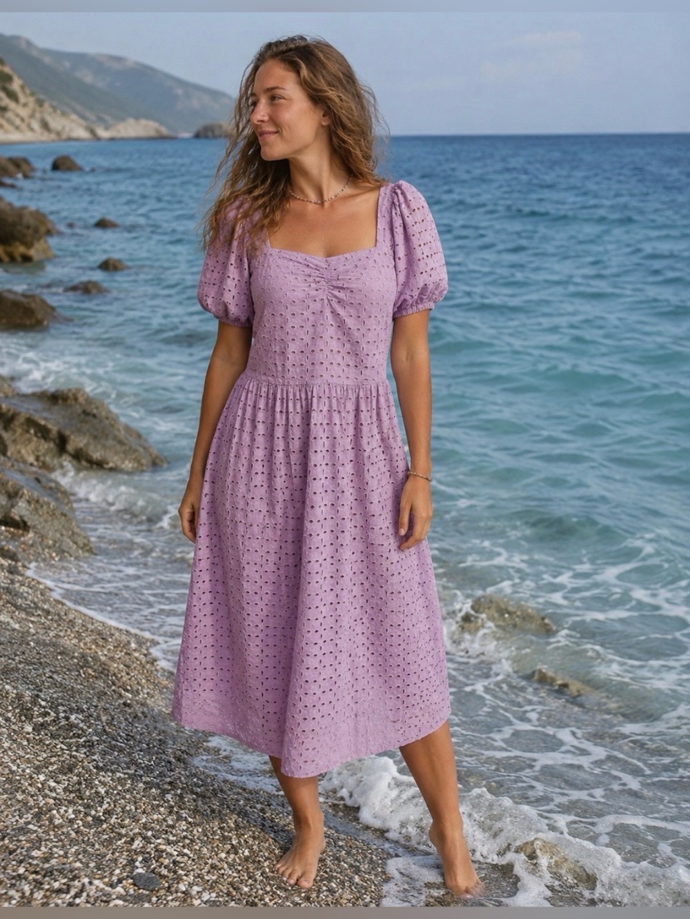 Puff-Sleeve Lavender Cotton Eyelet Midi Dress